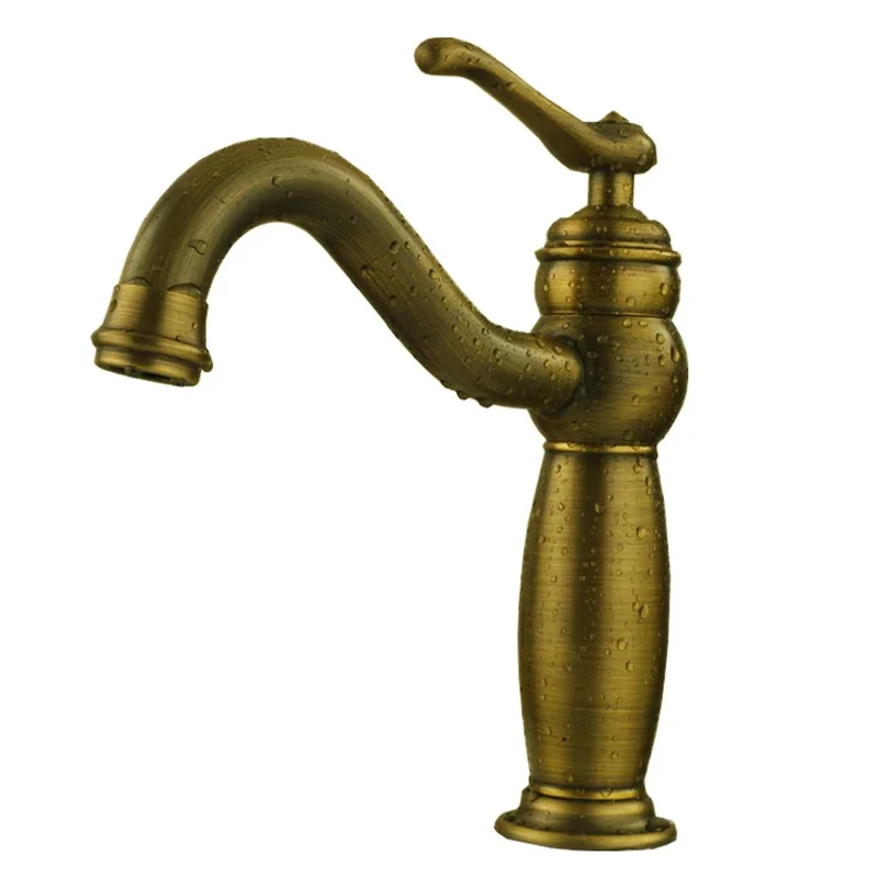 Vidric antique brass single handle long neck basin faucets bathroom deck mounted taps bath washbasin faucet hot cold mixer taps