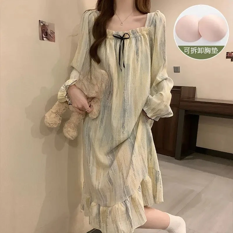 New Style Girls Long-Sleeve Nightgown Spring and Autumn Women's Long Homewear Student Casual Loose Nightgown Adult Sweet Pajamas