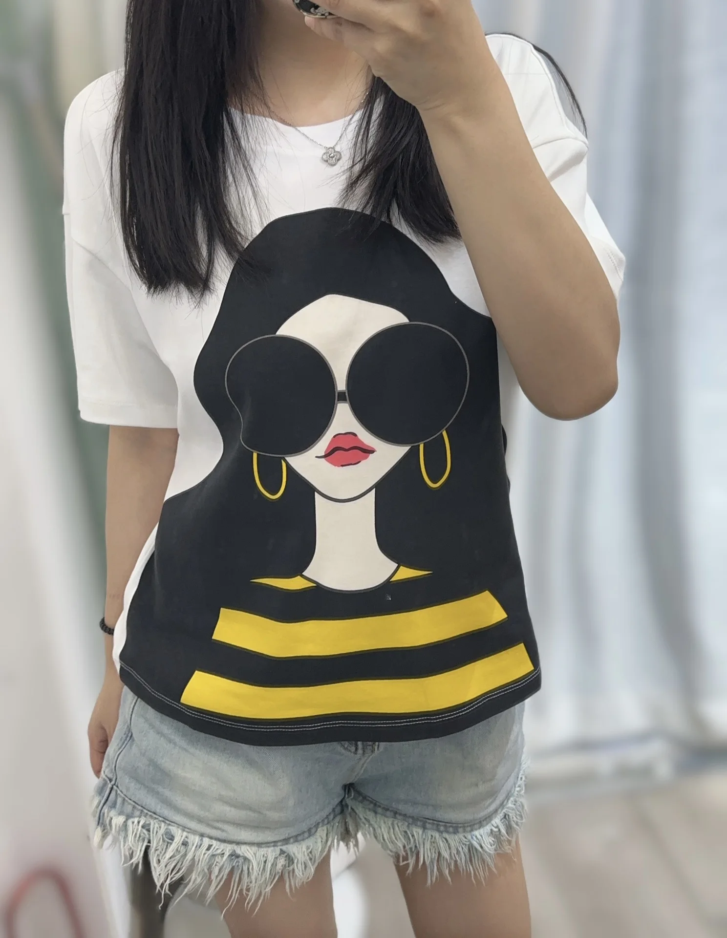 

100% Cotton Women Printed White T-Shirt Short Sleeve Round Neck Casual Tee Tops