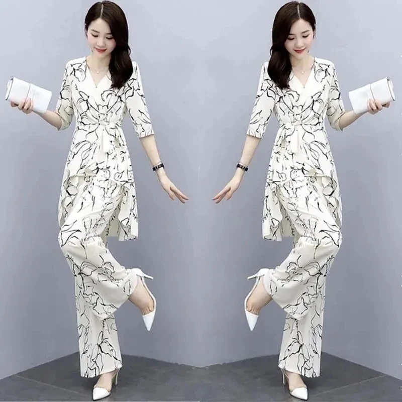 2 Piece Set Women Casual Fashion Printing Pants Suit Short Sleeve Tops +Wide Leg Pants 2 Piece Outfits Women White Set Summer4XL