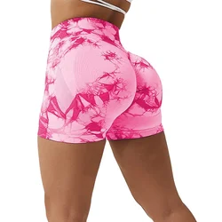 Tie Dye Shorts Women Seamless High Waist  Shorts Sexy Hip Liftting Stretchy Yoga Shorts Workout Running Knit Skinny Gym Shorts