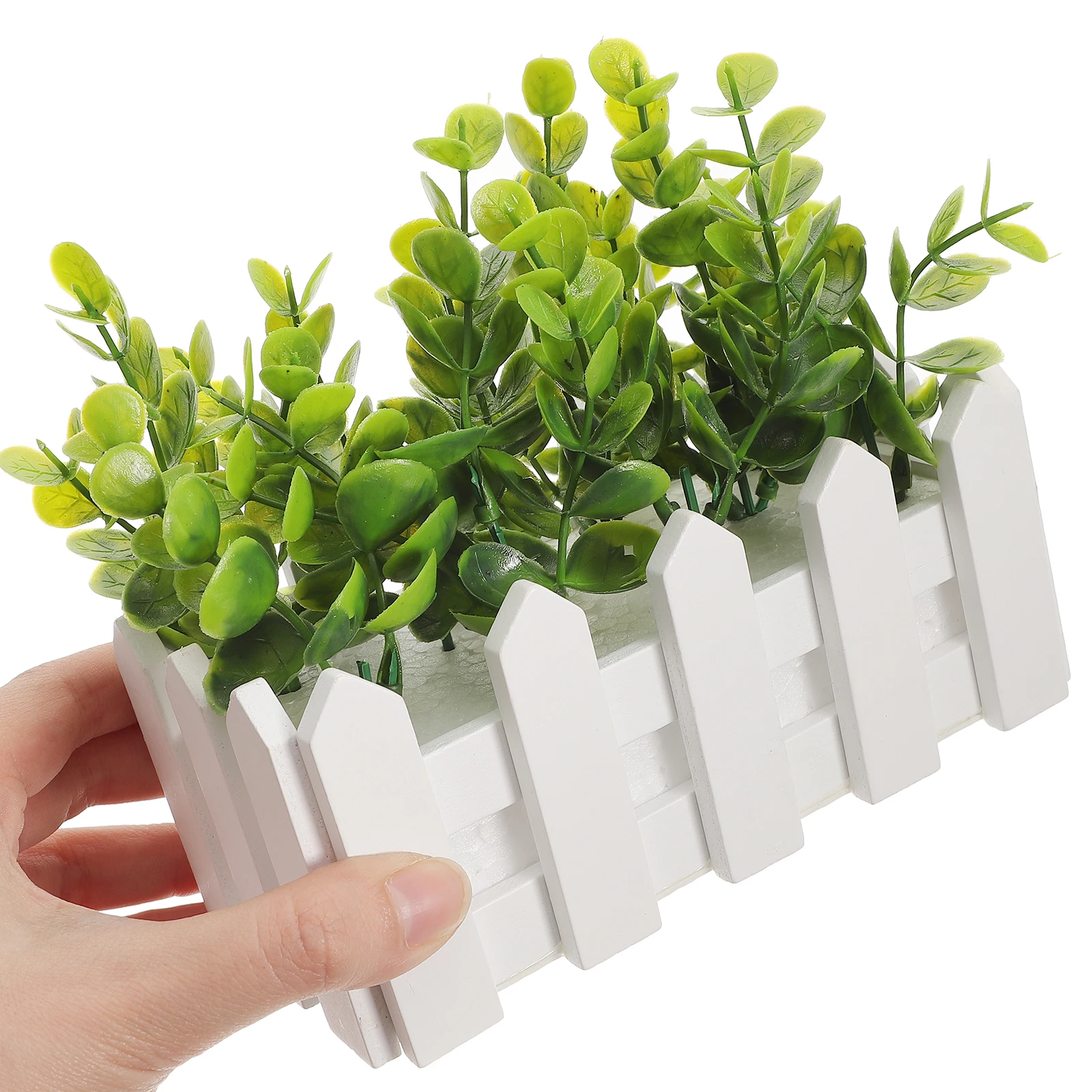 Artificial Eucalyptus Plant Mini Faux Tree Wood Fence Decor Fake Greenery for Desk Bookshelf Lifelike Easy Care