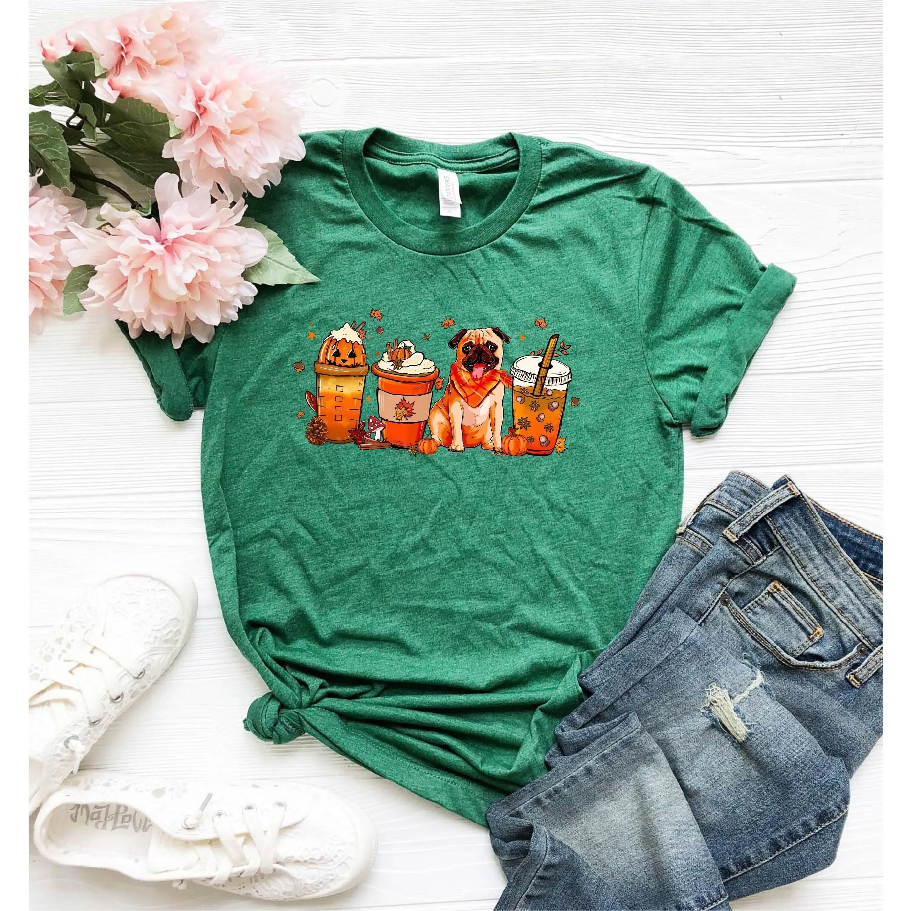 Fall Coffee T Shirt Bulldog Halloween Vintage Thanksgiving Pumpkin Spice Latte Lover Cups