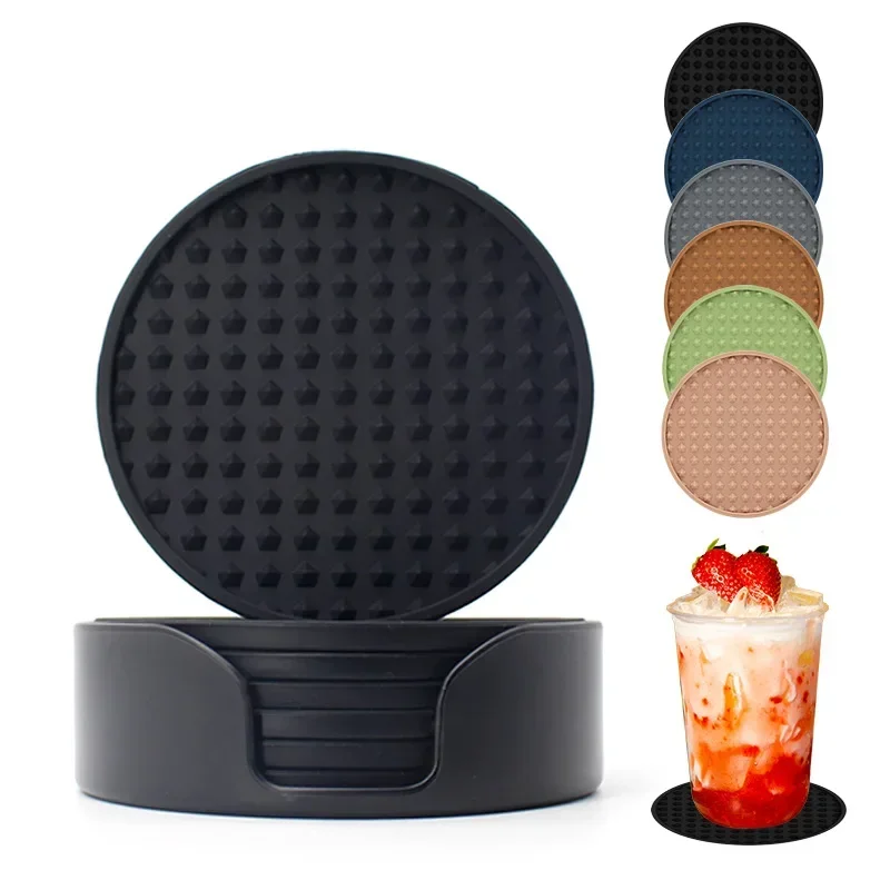 

Silicone Drink Coasters with Holder Heat Resistant Cup Dish Drying Mat Tabletop Protection Non-Slip Coasters for Drinks 1Set Mat