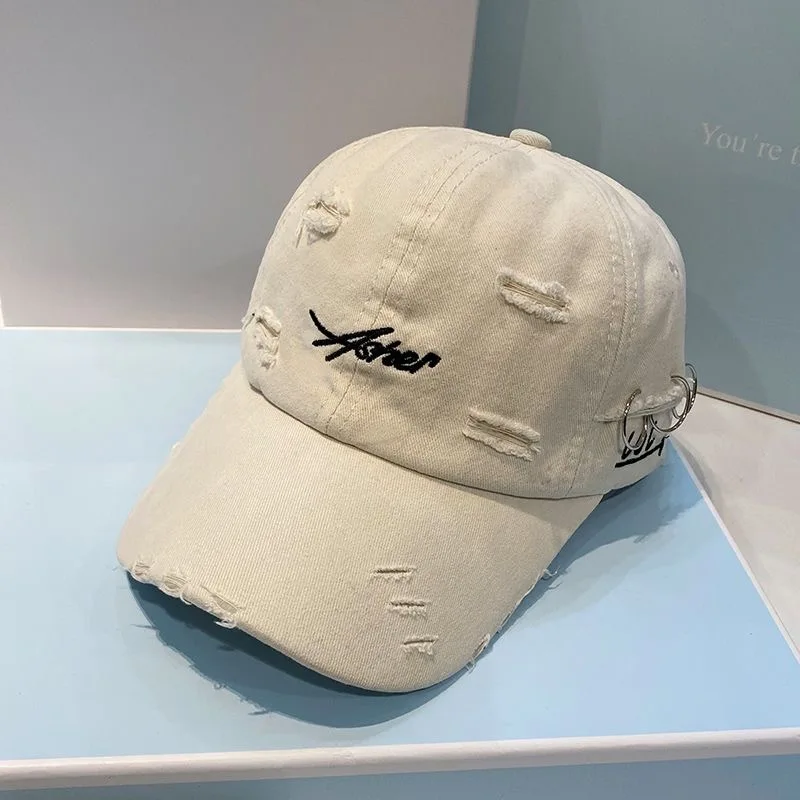 American Retro Distressed Baseball Cap with Iron Ring, Unisex Style, Letter Embroidery, Washed Vintage Look, All-Season Street Style, Personalized Sunshade, Soft Brim, Multiple Colors Available