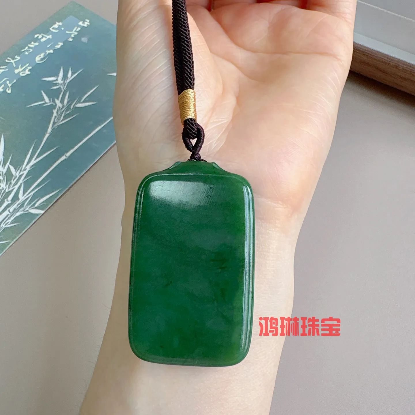 Natural Hetian jasper safe brand pendant 49x31m spinach green less black dot bread brand square jade brand
