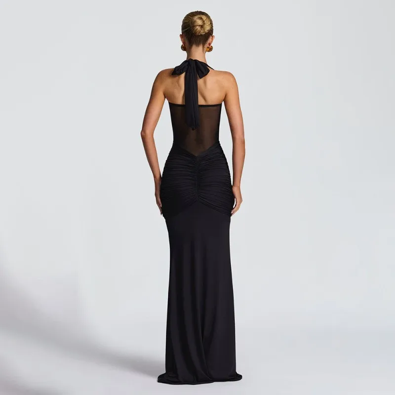 Women's Elegant Halter Neck Long Bodycon Sleeveless Dress for Wedding Guest Summer Party Prom with Sheer Mesh Cut Out and