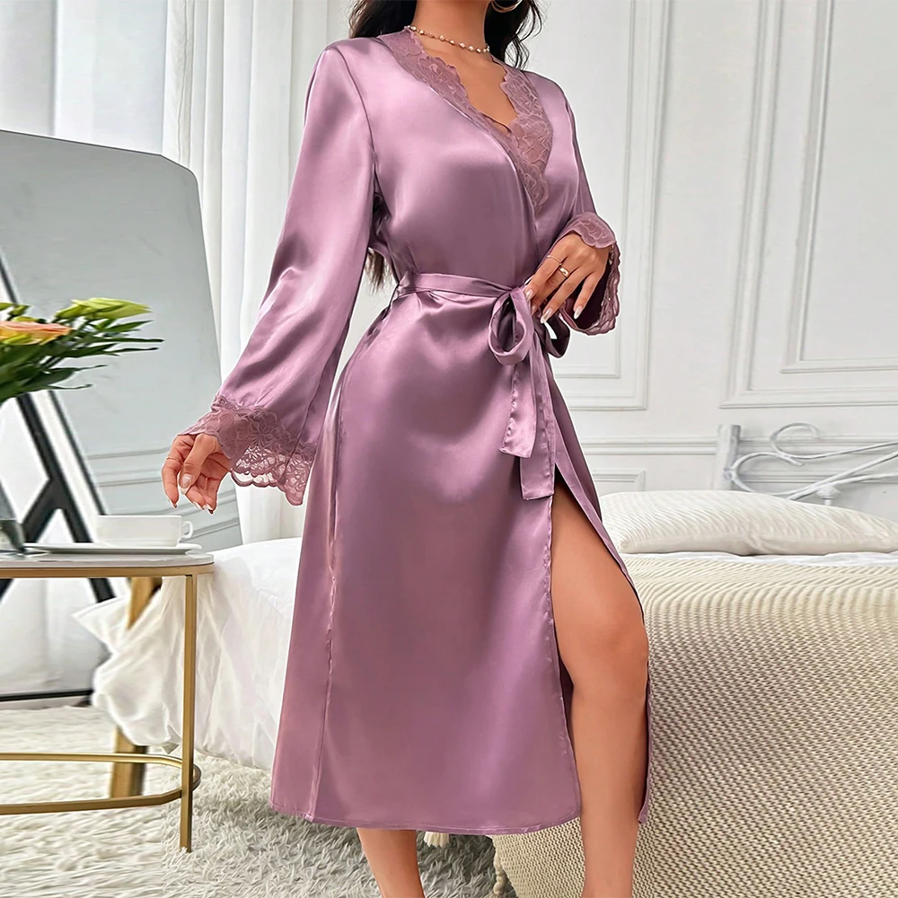 Solid Satin Night Robe Elegant Pajamas With Belt Sexy Women Sleepwear Mesh Lace Splicing V-neck Nightgown Plus Size Nightwear