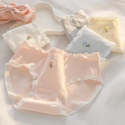 SP&CITY Flower Embroidery Cotton Underpants For Women Mid Waist Sweet Lace Breathable Seamless Panties Soft Student Daily Briefs