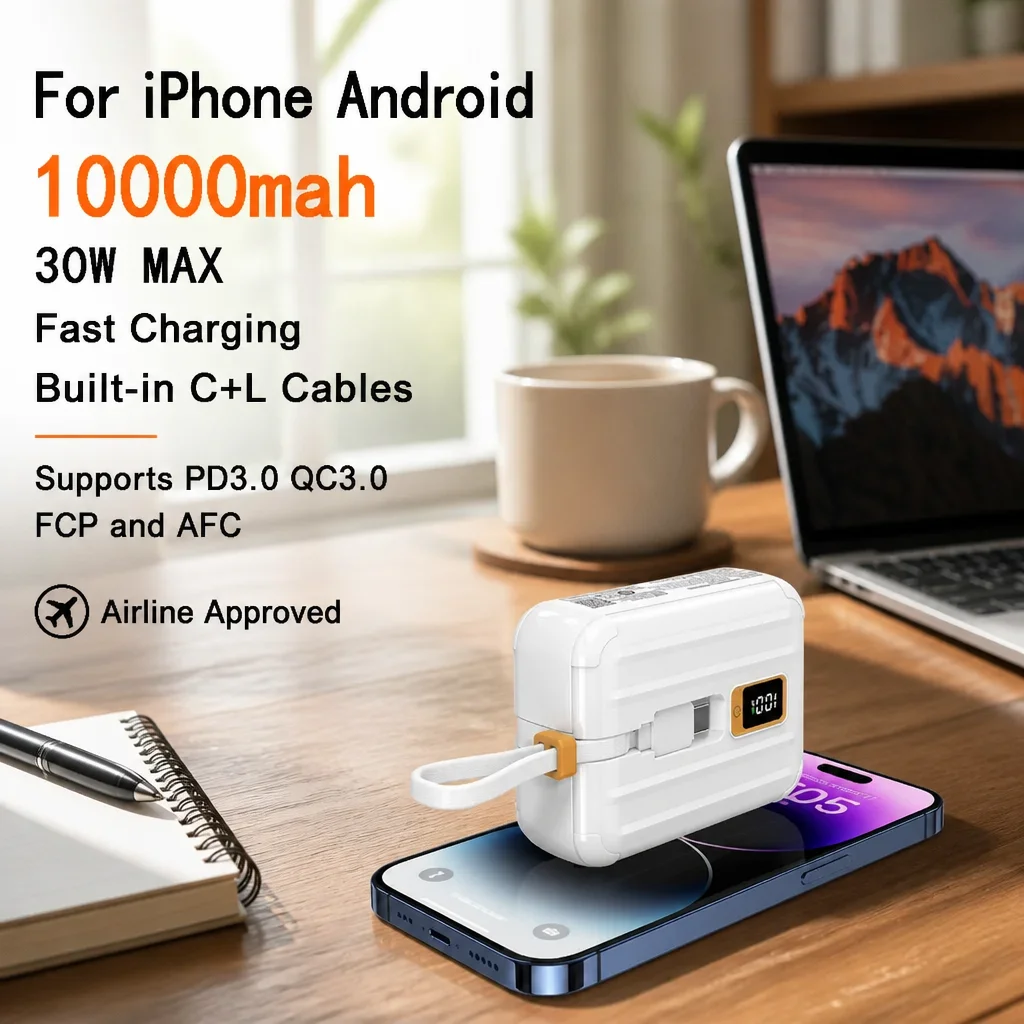 Power Bank 10000mAh 30W PD Fast Charge Built-in Cable Mini Portable Charger For iPhone Android