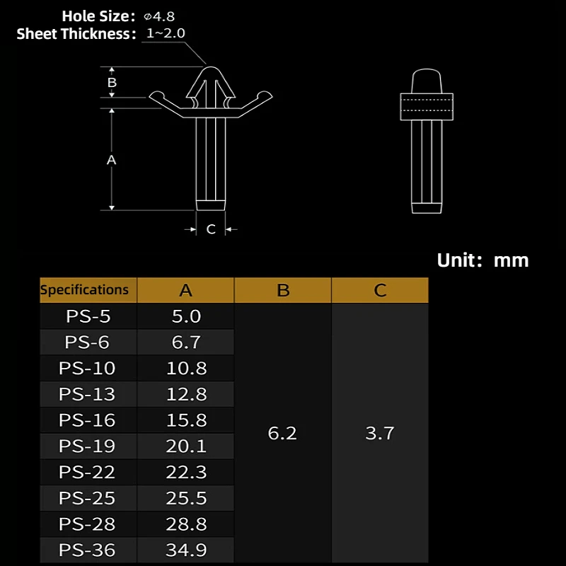 4.8mm-Hole PS-5/6/10/13/16/19/22/25/28/36 White Plastic Nylon PC Board Spacer Posts Insulating Studs Snap-fit Isolation Post