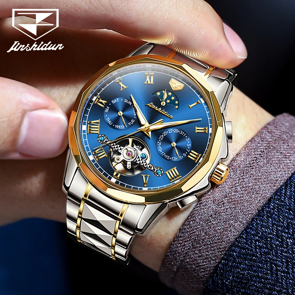 JSDUN Tungsten Steel Strip Men Watches Skeletal Fully Automatic Mechanical Watch Waterproof Moon Phase Luminous Date Male Watch