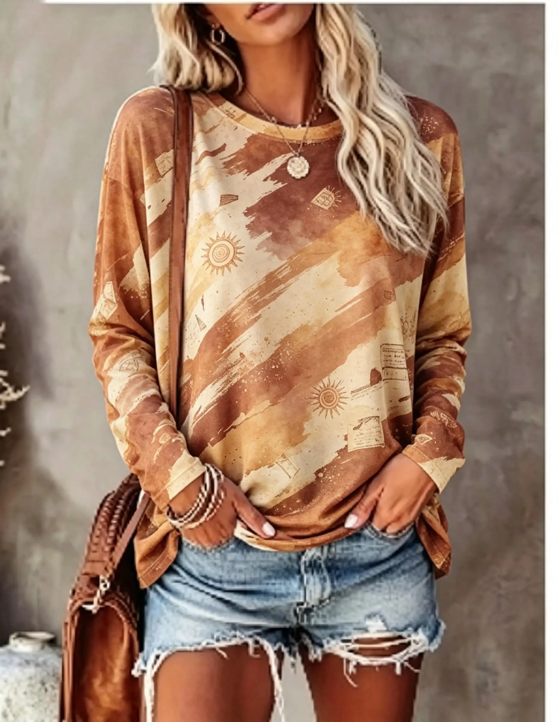 Women Long Sleeve T Shirt Boho Vintage Sun Face Brush Stroke Tie Dye Print Crew Neck Fall Tops