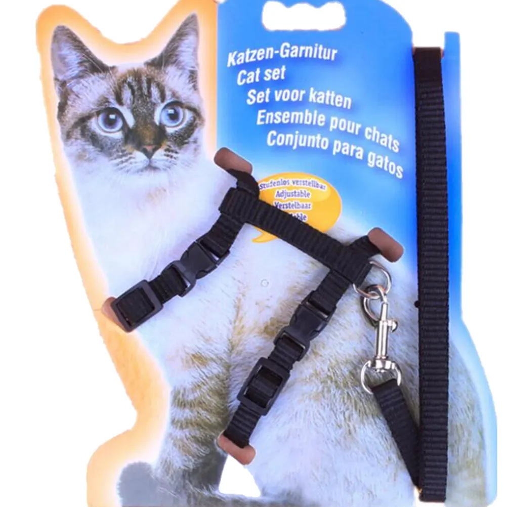 Pet Cat Harness Leash Set Adjustable Black Nylon I-Shaped Strap Secure Metal Buckle D-Ring Safety Traction Rope for Cats