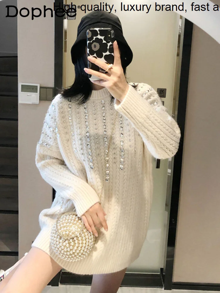 

Quality Mid-Length High Women Autumn Winter New Heavy Diamond Wool Lazy Style White Knitted Pullover Sweater Top