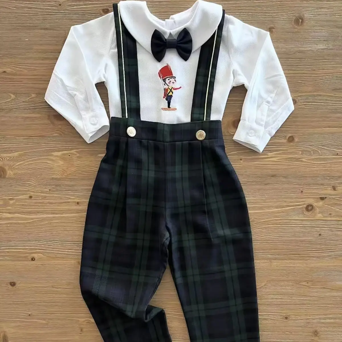 0-6Y Baby Boy Set Autumn Winter Soldier Embroidery White Shirt Green Plaid Trousers for Party Birthday Christmas C341
