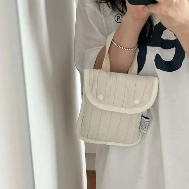 

Minimalist Quilted Nylon Mini Bag Portable Small Handbag With Handle Snap Button Closure Casual Pouch For Daily Commute Travel