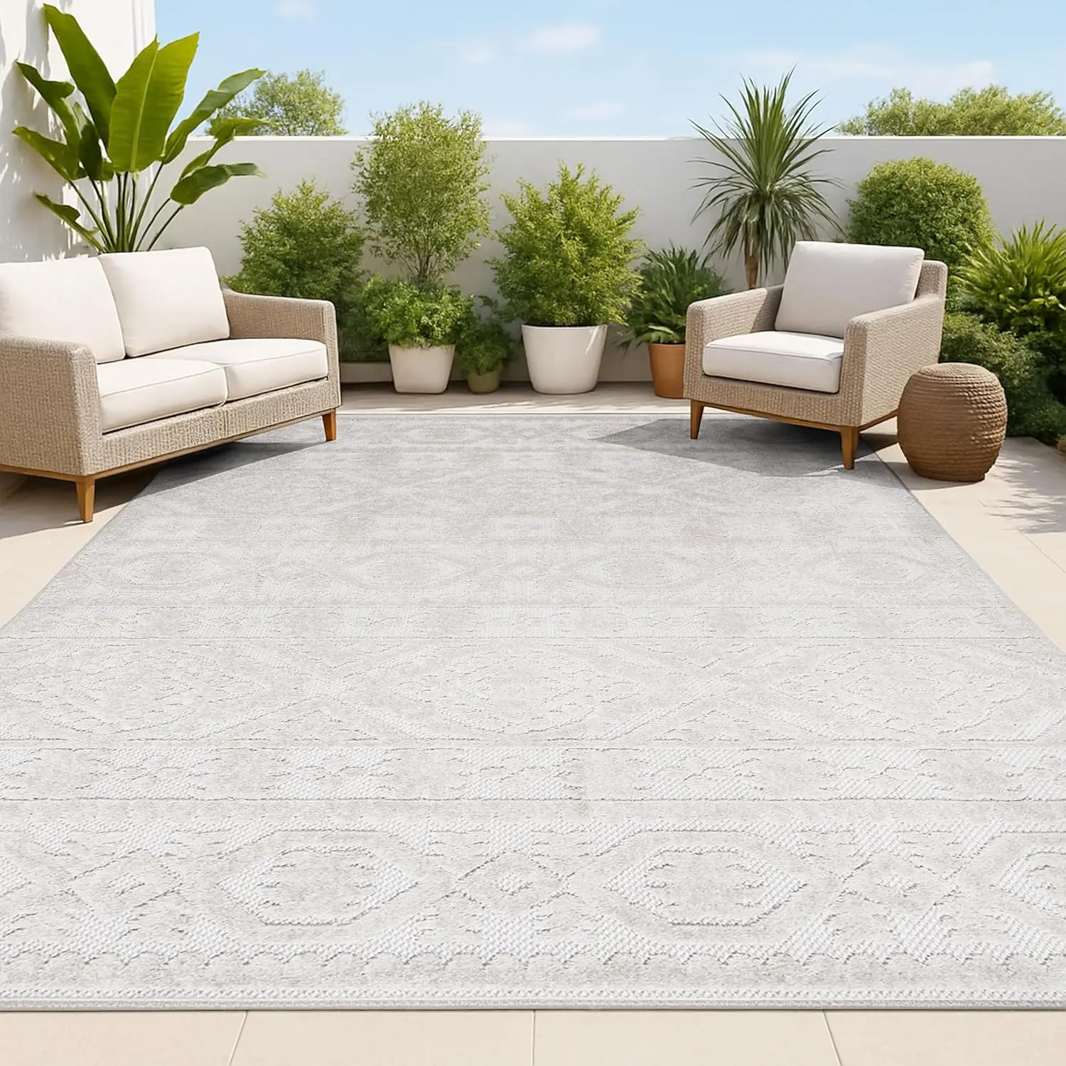 

Mediterranean Tile Indoor Outdoor Area Rug 8X10 Beige, Citta High-Low Pile for Backyard, Patio, Porch, Easy-Cleaning, High Tr