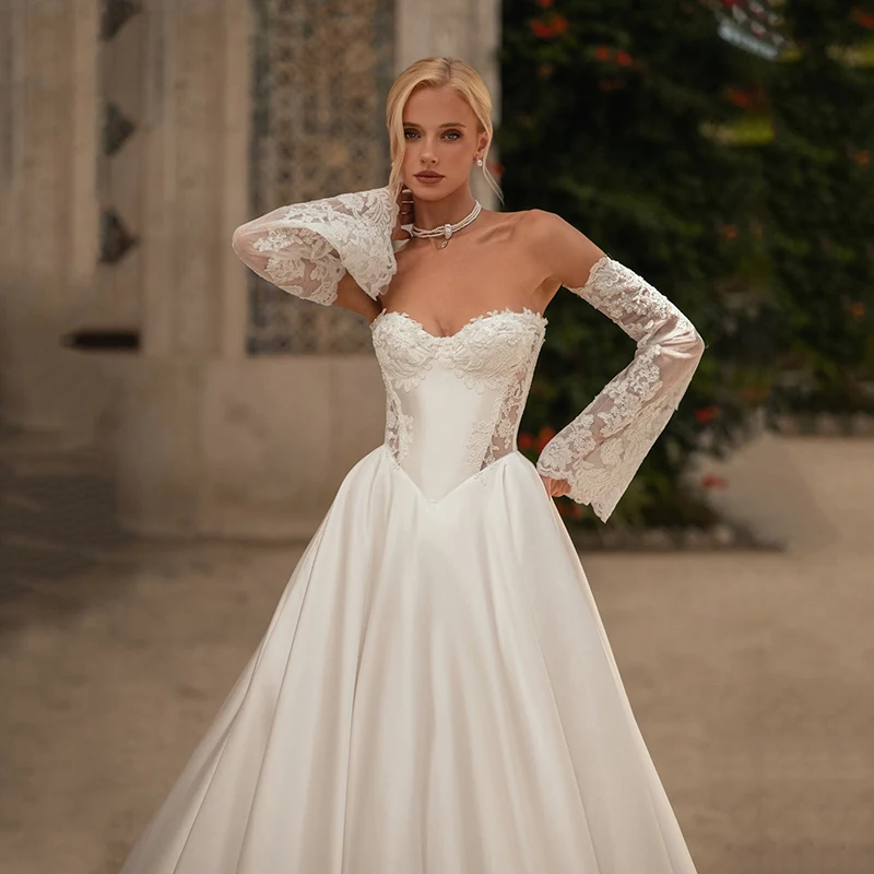 Robe de mariée trapèze élégante, manches longues, avec des appliques, robe de bal de princesse, personnalisée