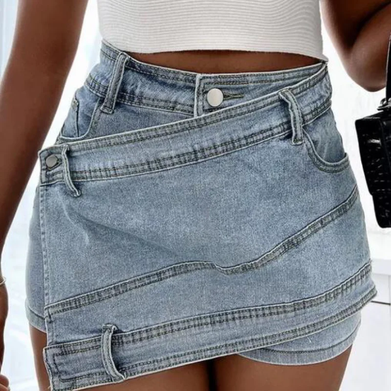 A-line Skirt Y2K Retro European American Large Size Women's High Waisted Irregular Summer Slim Denim Skirt Button Shorts