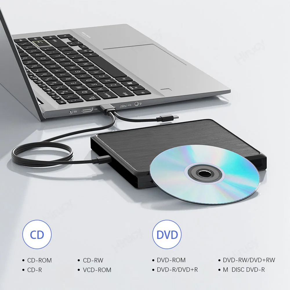 USB3.0 External CD DVD RW Optical Drive Long Data Cable CD/DVD Player Burner Writer for Laptop Desktop PC Windows 11 10 Mac OS