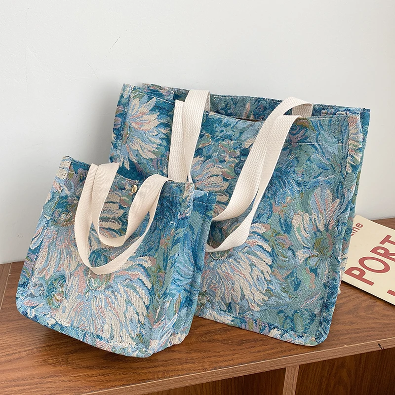 Blue Vintage Oil Painting Large Capacity Canvas Tote Bag 2024 New Women's Elegant Handbag Commuting Versatile Shoulder Bags Tide