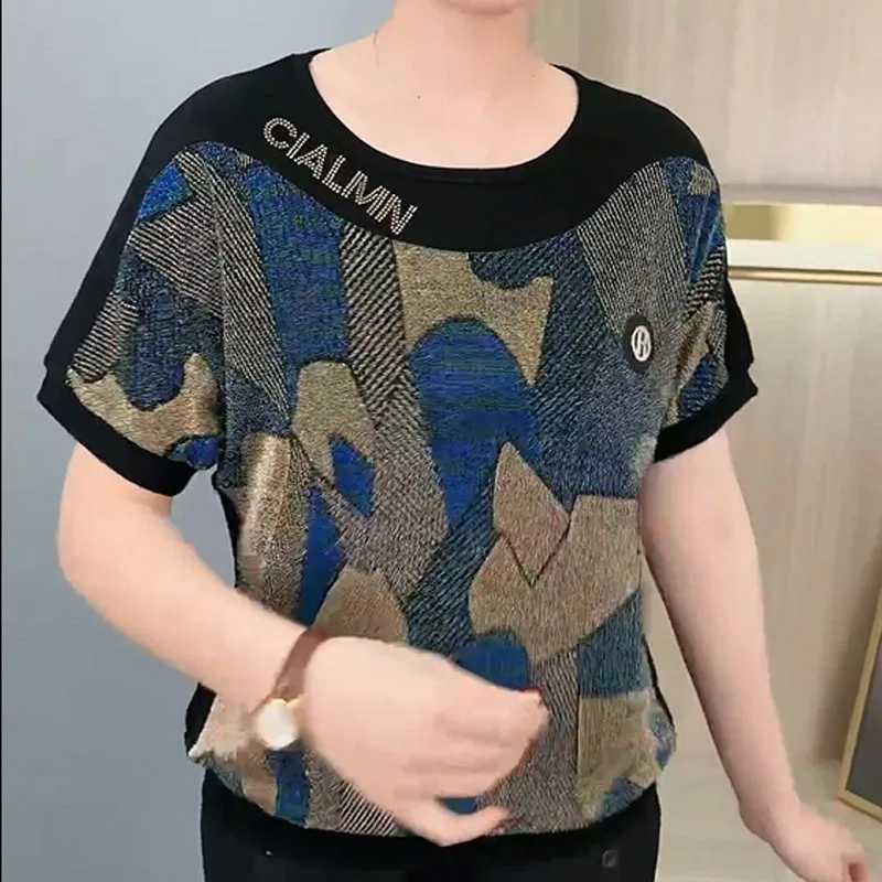 

Fashion Vintage Bright Silk Spliced T-shirt Female Loose Commute Round Neck Short Sleeve Casual Tops Summer Women's Clothing