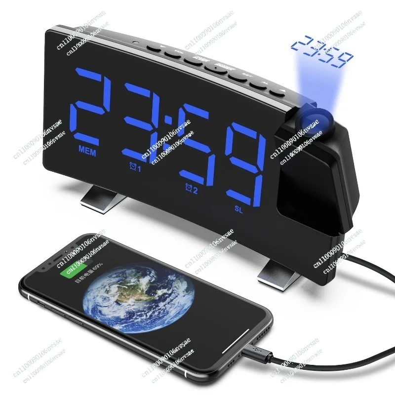 New Radio Alarm Clock, USB Charging Always On Projection Clock, Curved Large Screen Digital Desk Table Clock for Bedroom