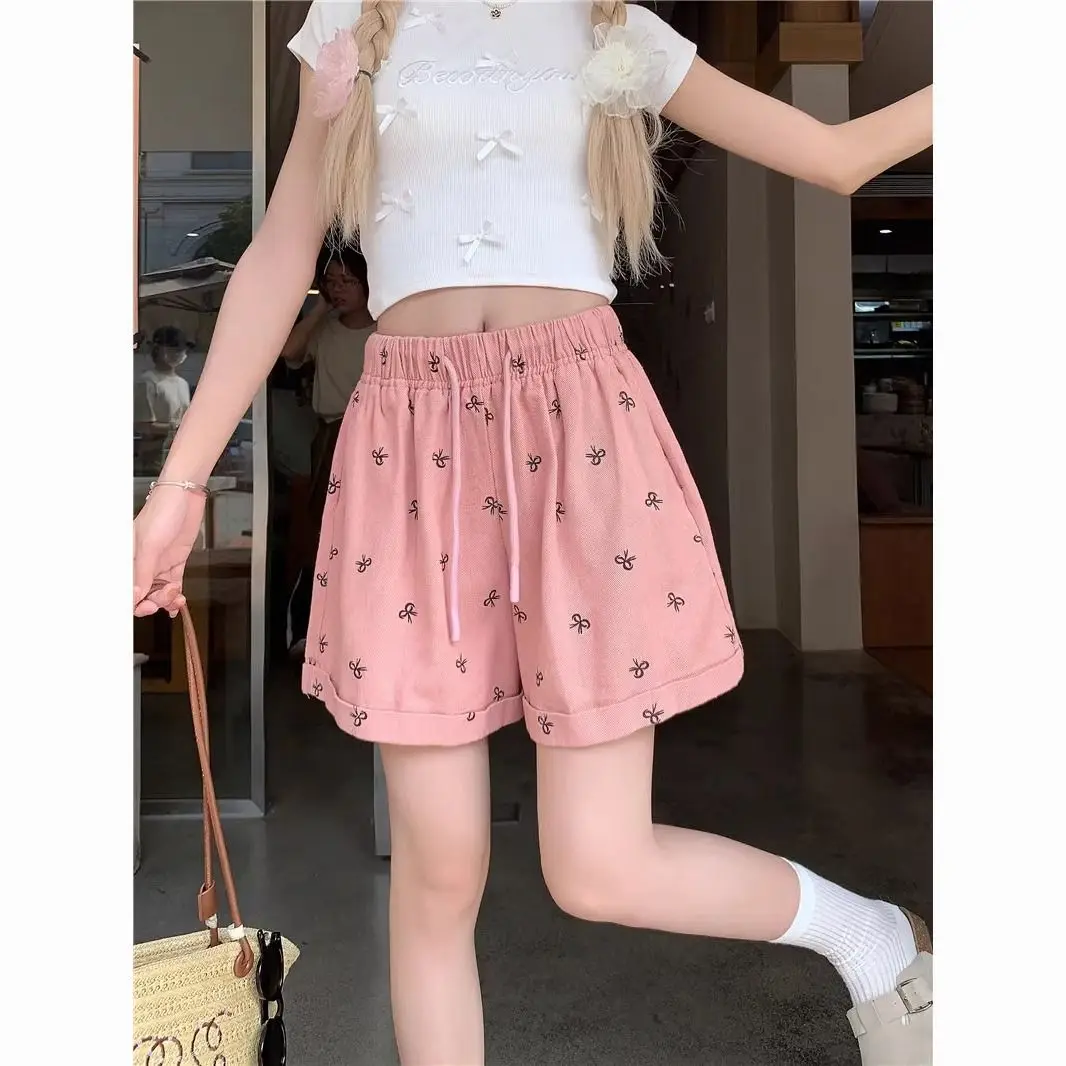 素敵な夏の女性服ワイドレッグパンツファム韓国甘い印刷ハイウエストバッファリーショーツ新しいカジュアル 5 クォーター P