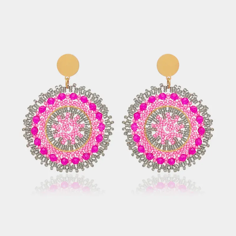 Bohemia Rice bead earrings Circle Rose red Crystal Hand weaving Alloy Fashion Original design Ethnic style Beaded earrings