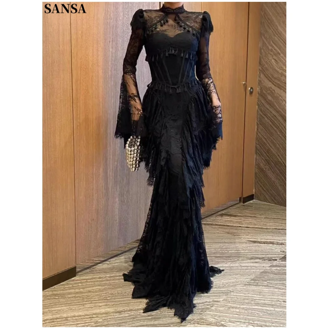 Sansa CustomizedIvory‑White women's formal evening gowns High‑Neck Sheer‑Lace Bell‑Sleeves Tiered‑Fringe‑Lace Mermaid Maxi Dress