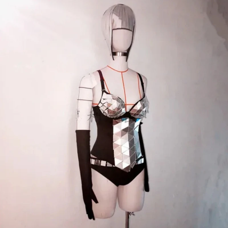 나이트 클럽 바 DJ 여성 댄서 팀 섹시한 무대 착용 골드 실버 미러 탑 반바지 장갑 가발 댄스 복장 공연 의상