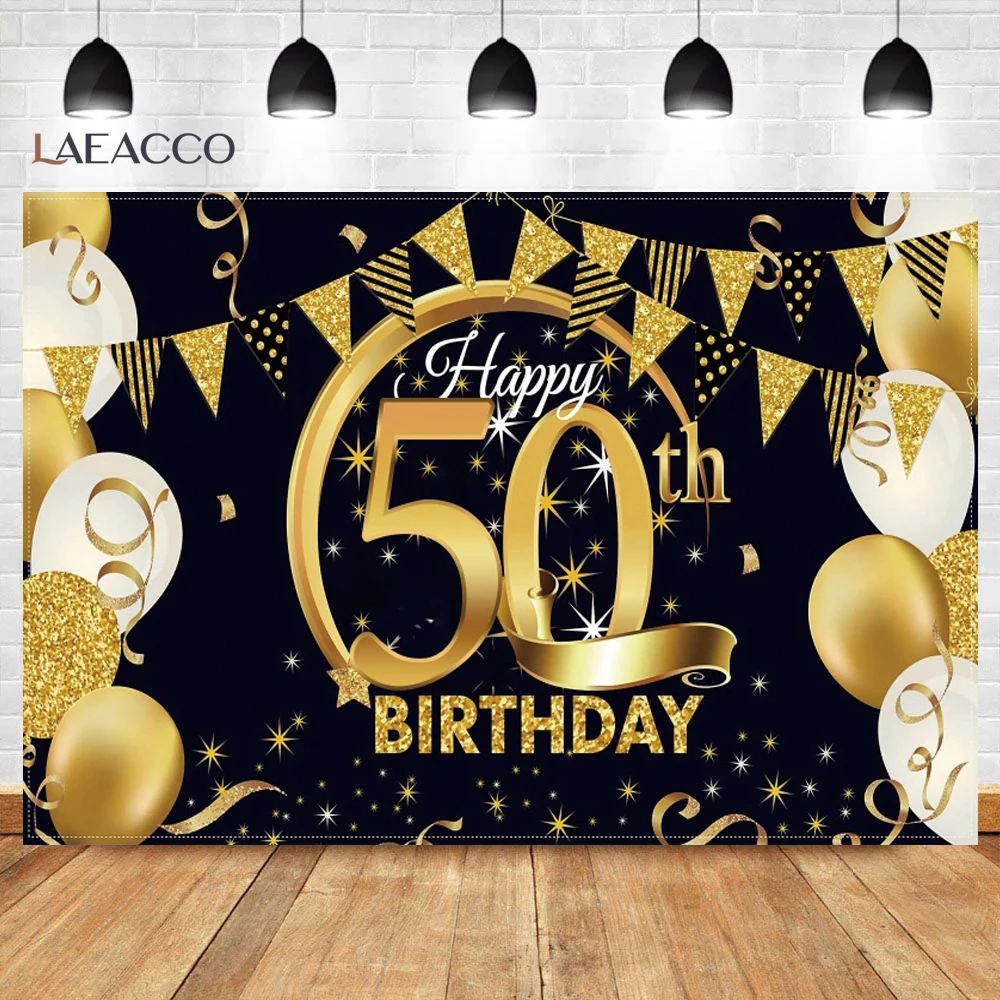 Laeacco Vàng Bóng Happy 60th 50th 40th 30th Sinh Nhật Ruy Băng Lễ Kỷ Niệm Poster Ảnh Nền Nhiếp Ảnh Backdrop