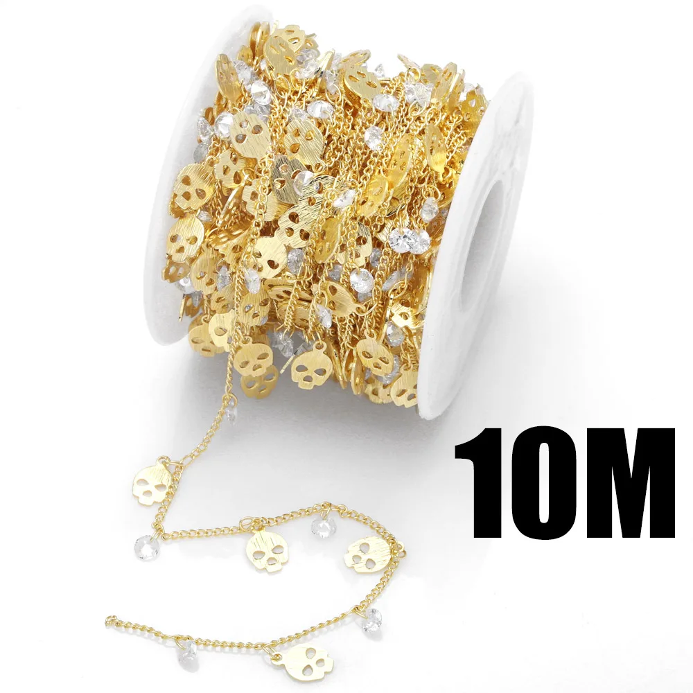 OCESRIO 10M Cross Skull Brass Chain with Cubic Zircon Gold Plated Bracelet Necklace DIY Components for Jewelry Making cana092