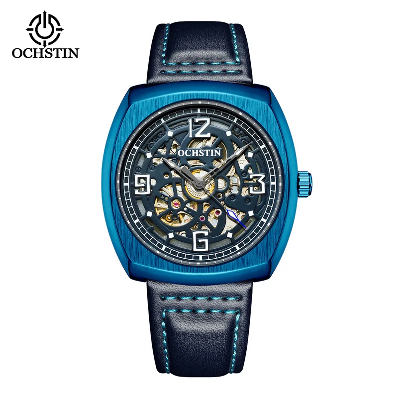 OCHSTIN 2022 Mens Automatic Watches Skeleton Steampunk Mechanical Leather Male Clock Vintage Blue Square Relogio Masculino 44mm