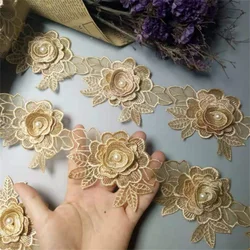 1 yard Vintage Gold Polyester Pearl Flower Embroidered Lace Trim Ribbon Fabric Handmade Garment Wedding Dress Sewing Craft