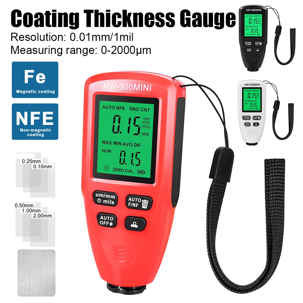 0-2000um HW-300PRO Digital Car Paint Film Thickness Tester Coating Thickness Gauge Metal Plating Width Measuring