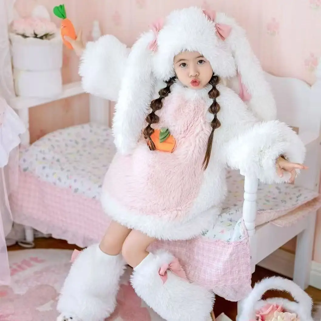 Cartoon Children Adult Cute Plush Rabbit Cosplay Costume White Top Pants Hat Animals Suit for Women Girl Halloween Party Outfits
