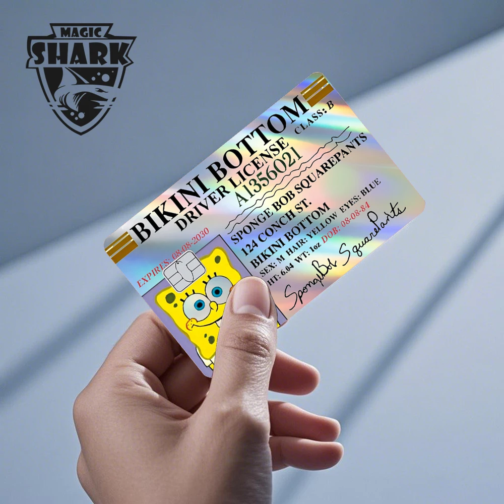 Magic Shark 2026 Nuovo arrivo Divertente simpatico cartone animato adesivo olografico pellicola laser pelle lucida per carta di credito di debito