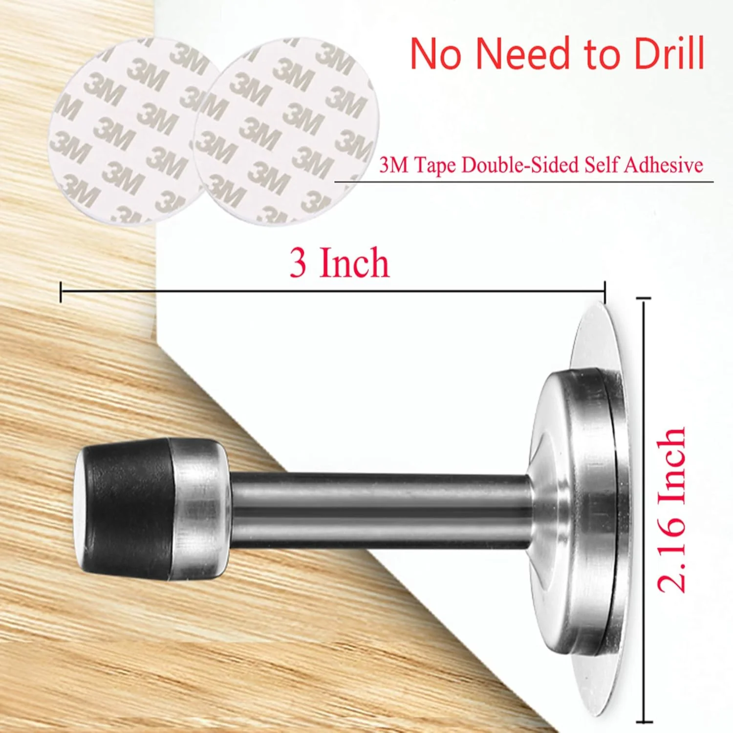 No  to Drill/Screw in Wall Mounted ,  Self Adhesive Tape Stainless Steel Doorstops, Rubber Bumper Tip, Pack of 2 Wall Protector 