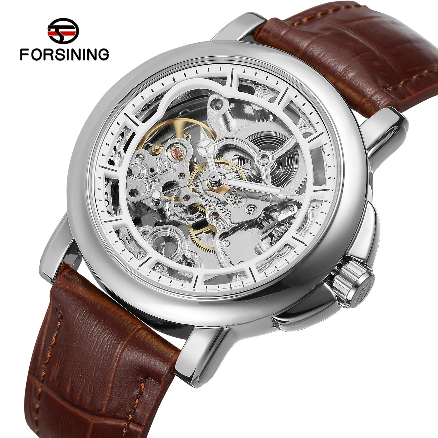 Fashion Forsining Top Brand Men\'s Skeleton Luminous Automatic Movement Business Genuine Leather Belt Waterproof Wrist Watches