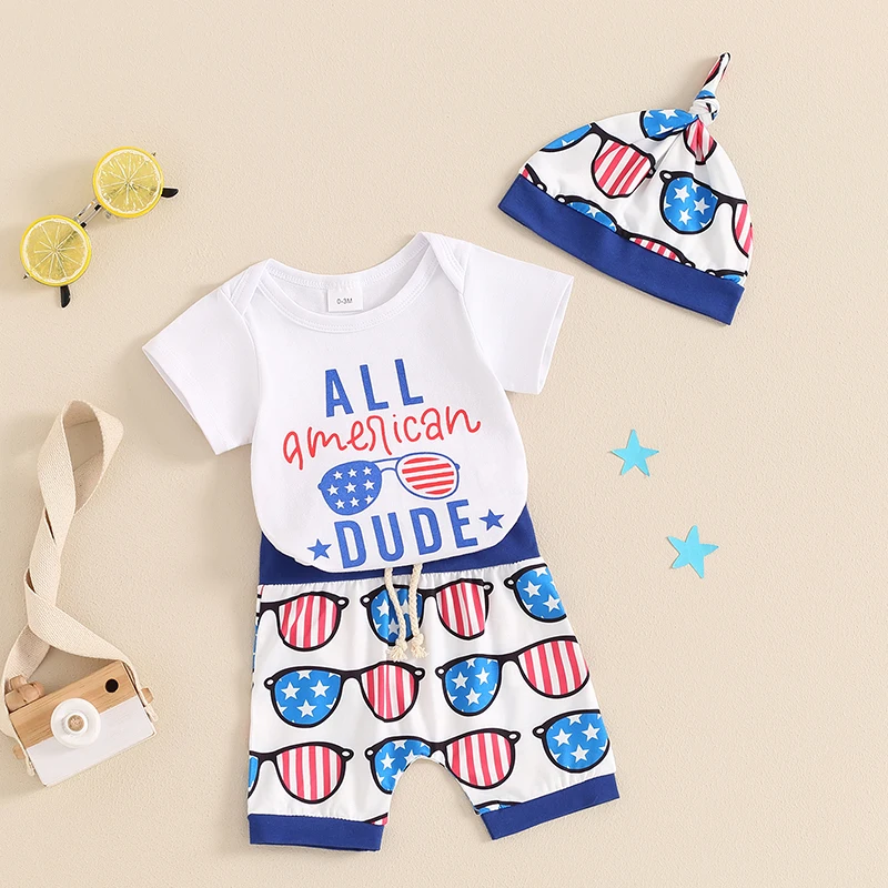 4th of July Baby Boys Outfits Letter Short Sleeve Rompers Stripe Stars Glasses Print Shorts Hat Clothes Set