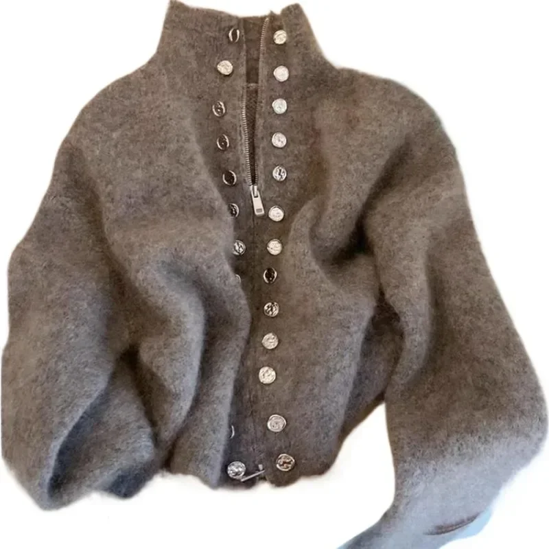 

Женский осенне-зимний высококачественный вязаный топ с ленивой молнией, роскошные пушистые вязаные кардиганы, дизайн свитера, двубортный свитер, пальто