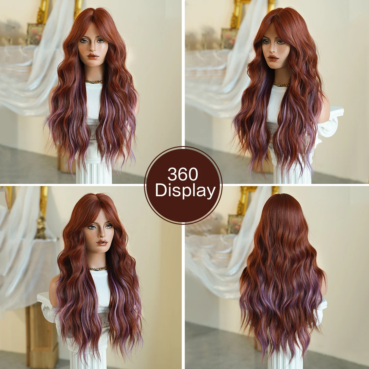 7JHH WIGS Long Water Wavy Copper Highlight Purple Wig for Women Modest Fashion Synthetic Middle Part Wigs with Curtain Bangs - view 5