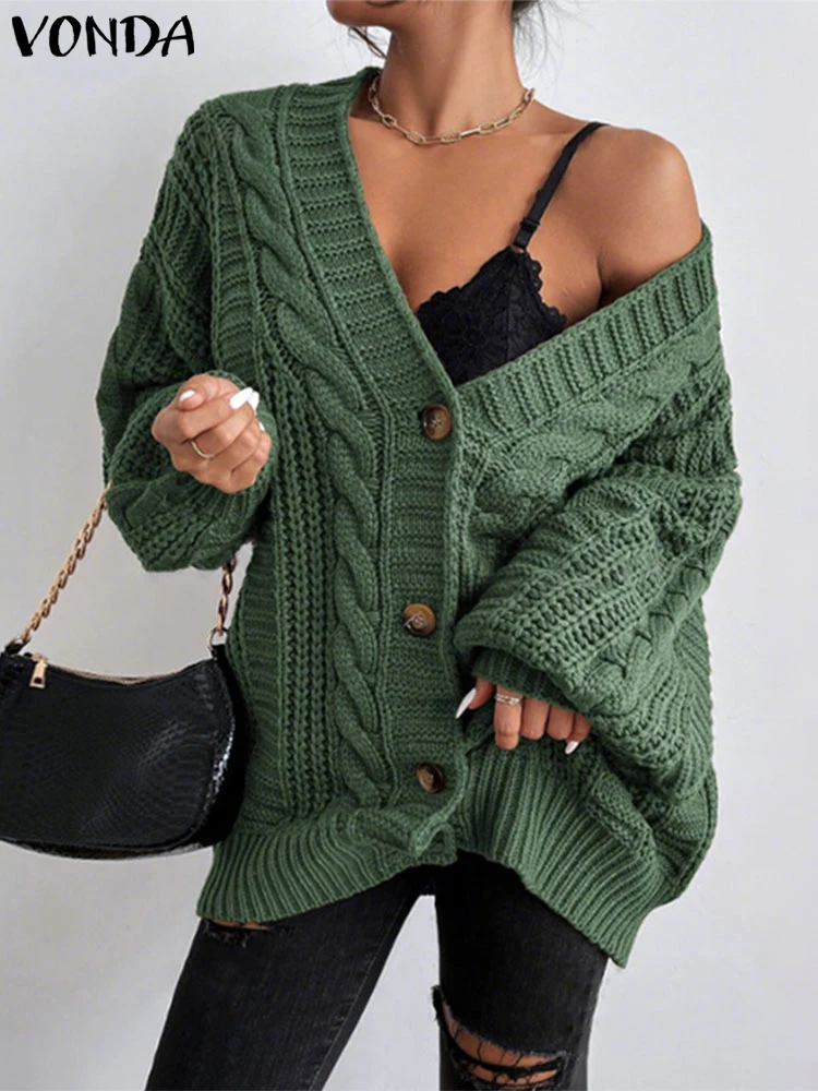 

VONDA 2025 Осенний вязаный кардиган, модные свитера с глубоким v-образным вырезом, однотонные джемперы с длинными рукавами, женские повседневные свободные вязаные джемперы