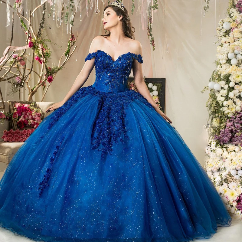 

Navy Blue Sweetheart Quinceanera Dresses for Sweet 15 Year Sexy Off the Shoulder Puffy Flower Lace Appliques Princess Ball Gown