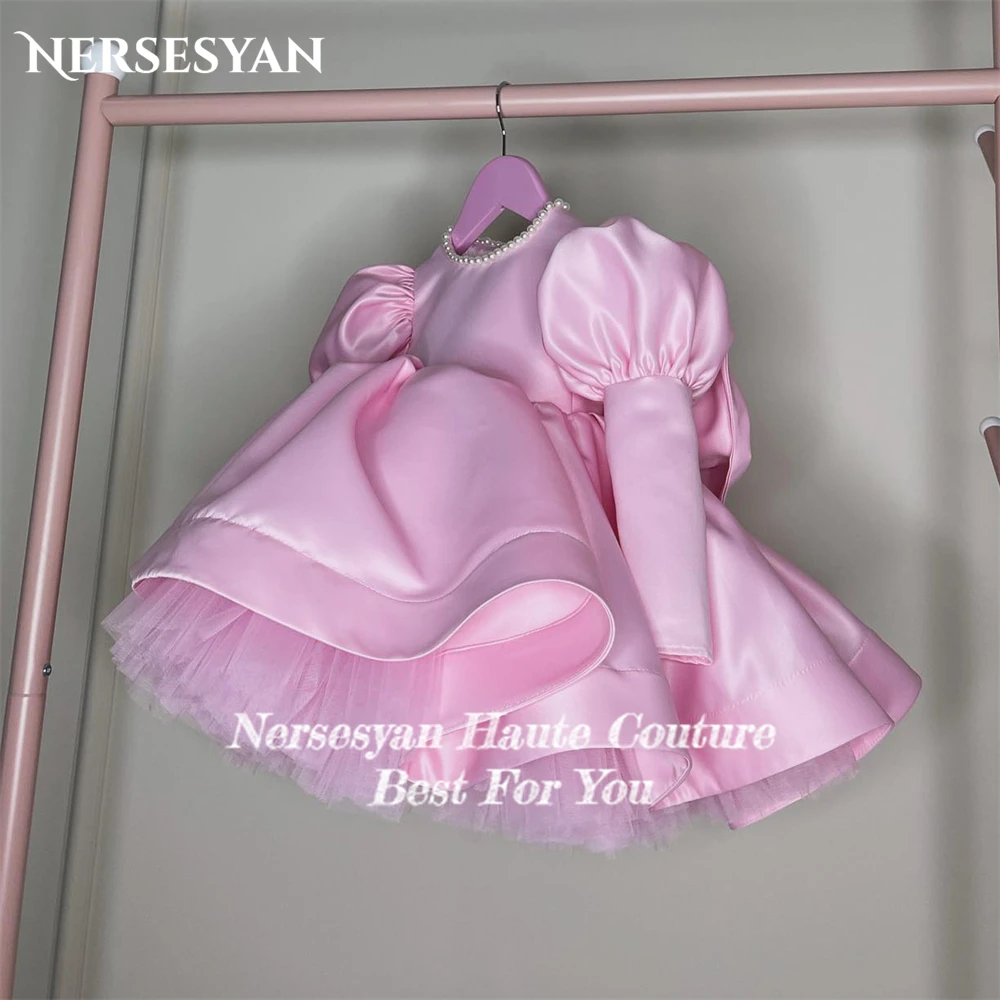 Nersesyan Pink Pearls Baby Birthday Party Gowns A-Line Puff Sleeves Inside Tulle Flower Girl Dresses For Wedding Gift Solid 2024