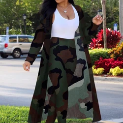 8576New European and American women's long sleeved coat cape camouflage random printed tight pants two-piece set