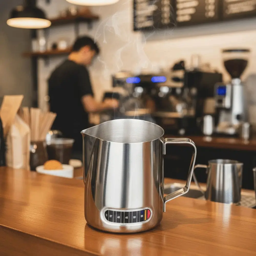 

Кувшин для взбивания молока с датчиком температуры, из нержавеющей стали 304, с точной шкалой, для латте-арта, профессиональный, с V-образным носиком