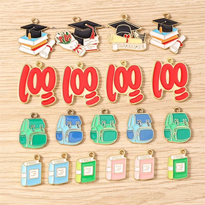 10pcs Enamel Graduation Schoolbag Book Score Charms Pendants for Making Necklaces Earrings Bracelets DIY Crafts Jewelry Findings
